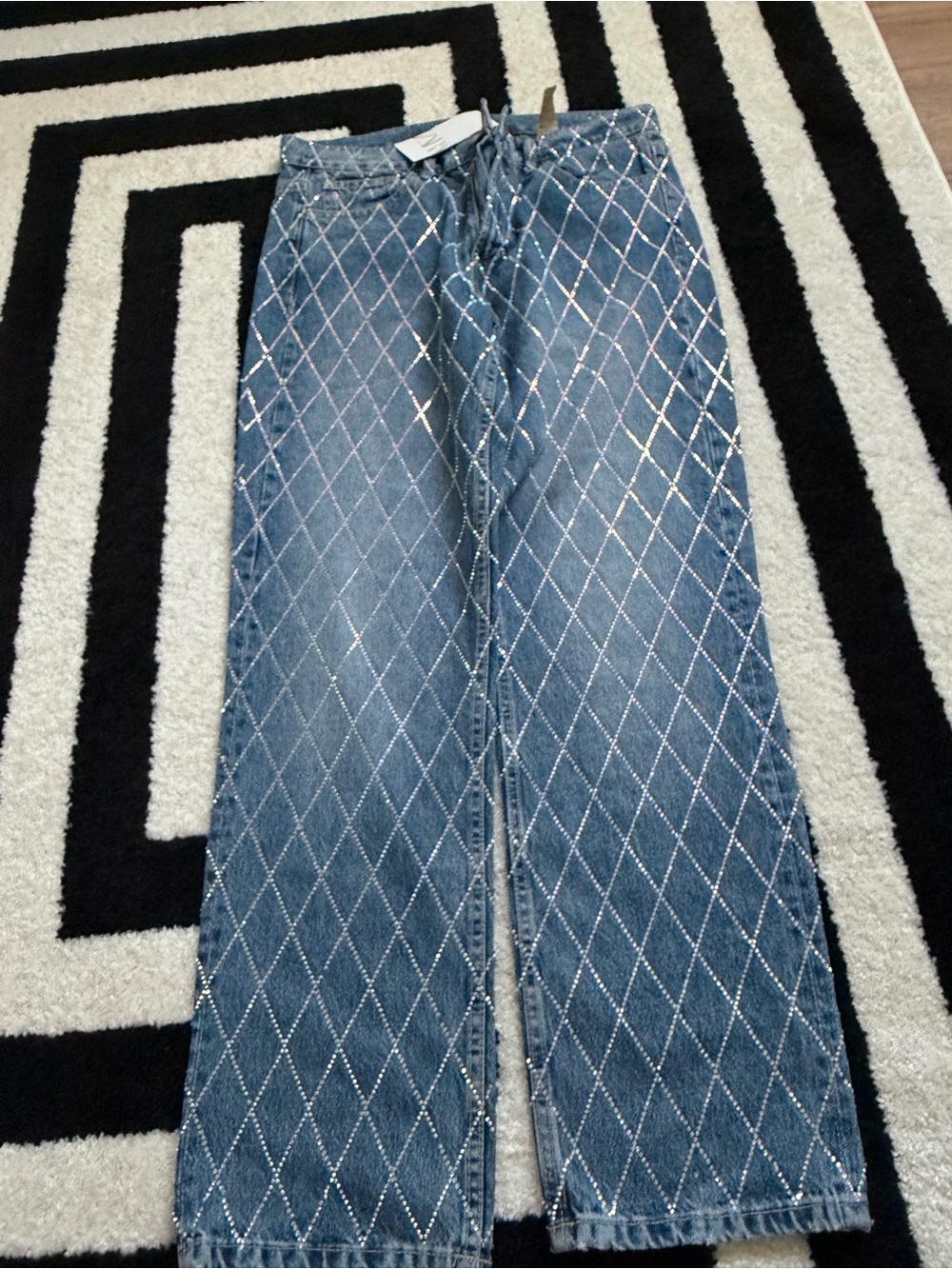 Zara Blue Quilted Wide-Leg Jeans with Rhinestone Grid